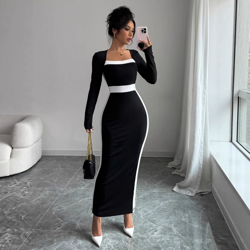 Black and White Contrasting Color French-Style Square-Neck Sexy Bodycon Long-Sleeve Dress, Elegant and Luxurious Long Dress with a Socialite Vibe Black and White Contrasting Color French-Style Square-Neck Sexy Bodycon Long-Sleeve Dress, Elegant and Luxurious Long Dress with a Socialite Vibe