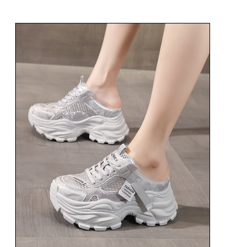 Giày sneaker nữ đế dày lưới thoáng khí mũi trùm đính đá phong cách giày bố — màu trắng ngà, bạc chi tiết 12