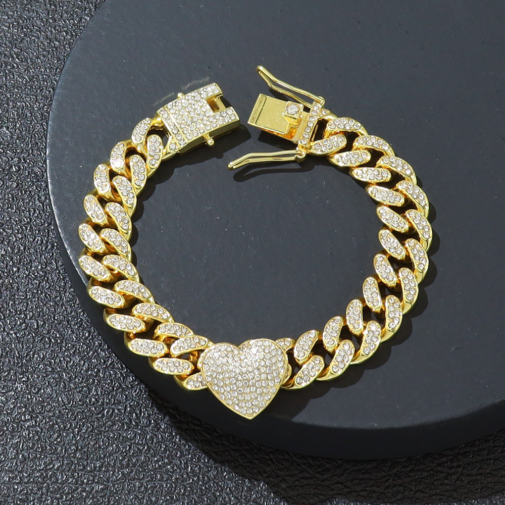 1 Piece Quantity Cool Three-Dimensional Fully Jeweled Loving Heart Heart-Shaped Creative Cuban Link Chain Bracelet Hip Hop Style Couple Bracelet Bracelet