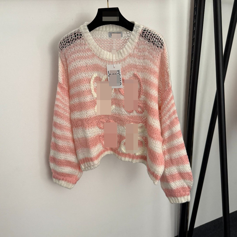 Shenzhen Nanyou High-End Cross-Border Best-Selling Soft and Lazy Gentle Style Color-Blocked Striped Hollow Long-Sleeve Mohair Sweater