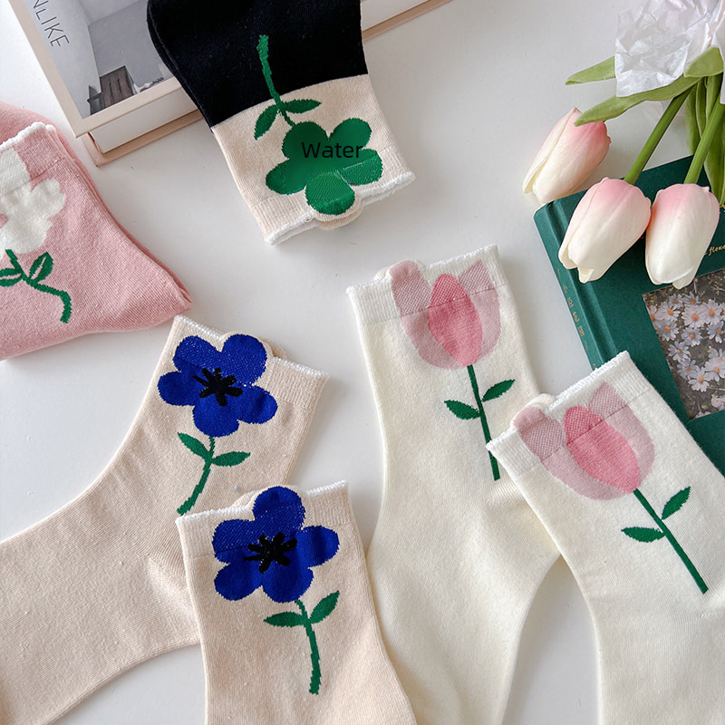 Tulip Socks for Women, 3D Floral Design, Japanese Style Mid-Calf Socks, Cute Over-the-Knee Socks, Trendy Fashion for Teen Girls, Pure Cotton, Zhuji Wholesale
