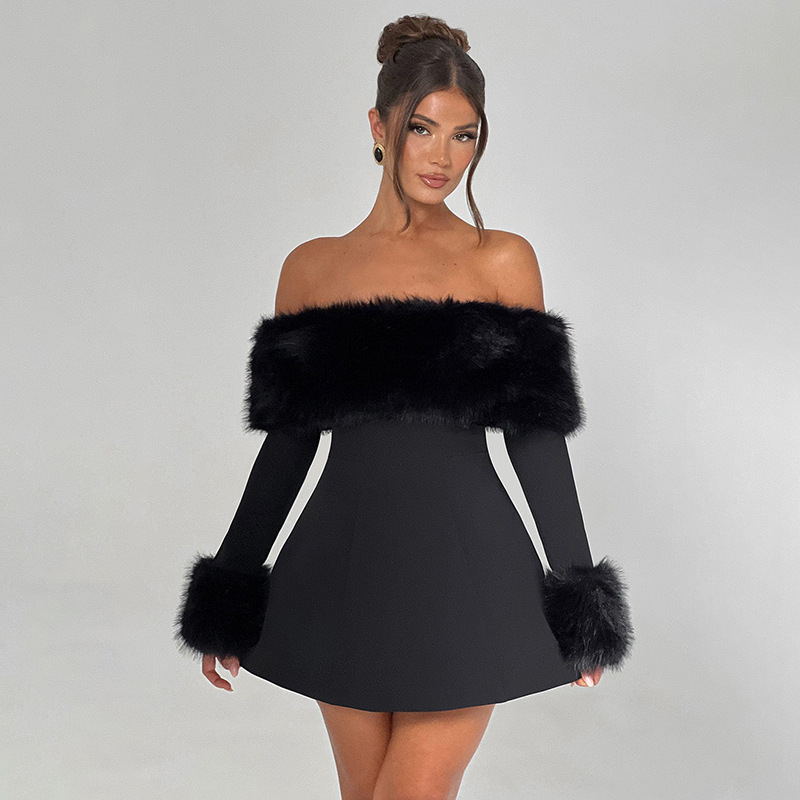 Autumn Winter Women Clothing Sexy Fur Collar off Shoulder Slim Slimming A  line Dress | FondMart