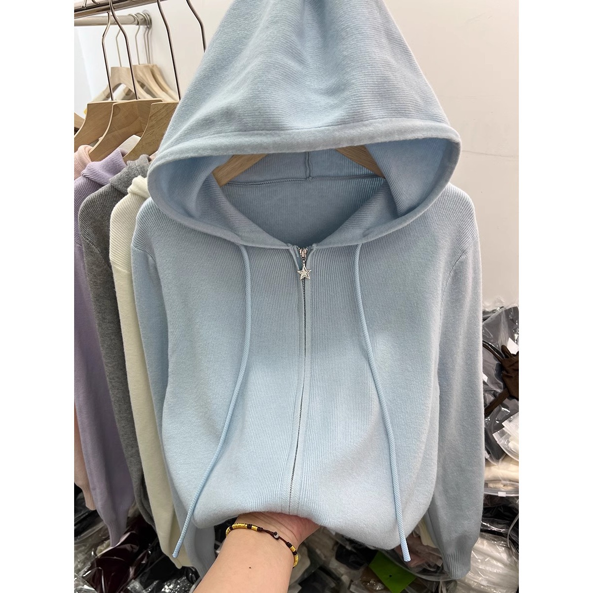 双拉链长袖针织衫开衫女上衣新款休闲洋气外搭连帽衫毛衣A3284