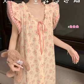 韩国ins女士夏季日系碎花双层棉纱睡裙女款夏季长款法式家居服女