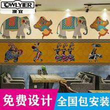 东南亚风格壁纸泰国印度大象装饰画泰式餐厅壁画民族风情墙纸