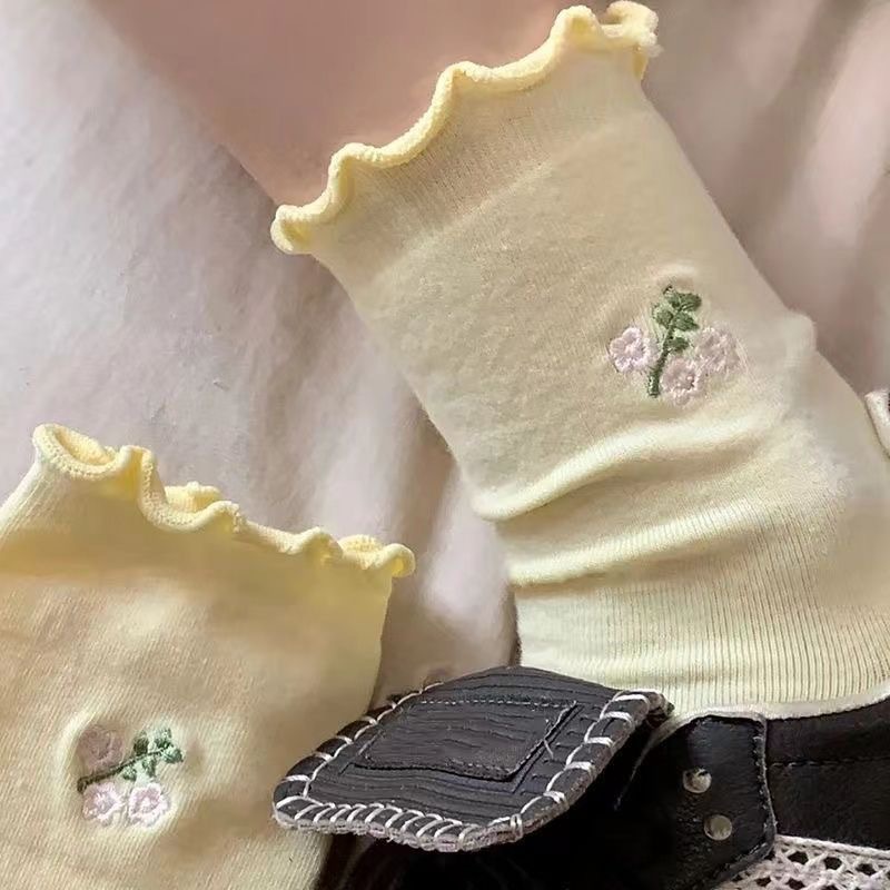 襪子女夏季薄款純色卷邊可愛俏皮花邊中筒堆堆少女奶油色系月子襪