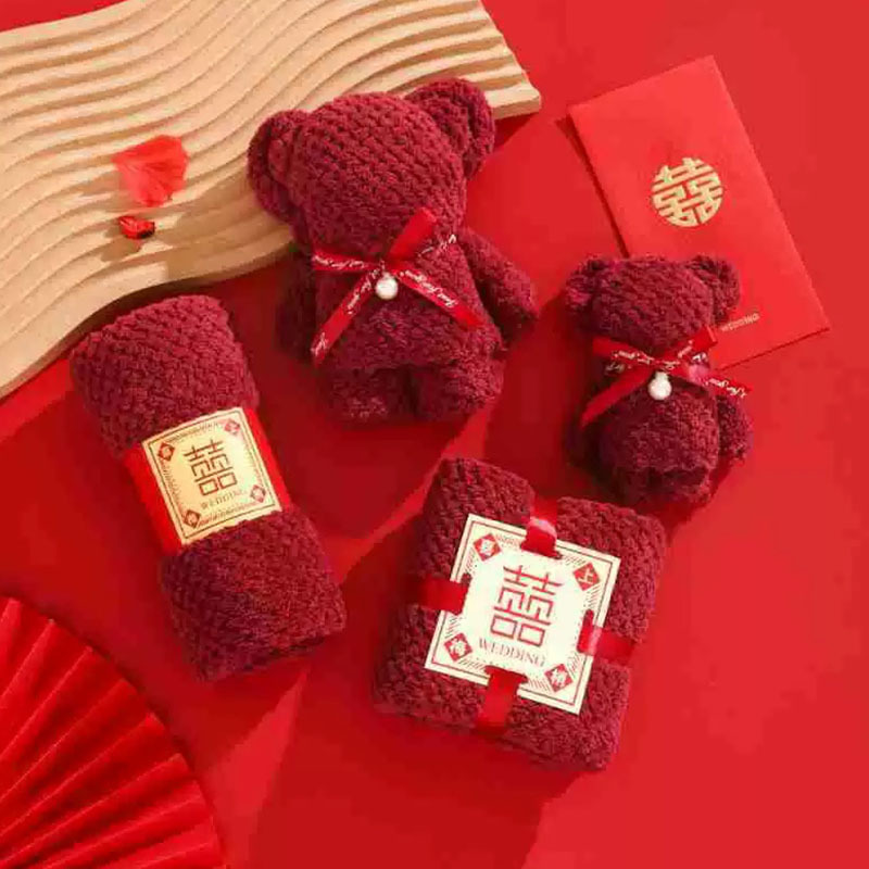 Xipu wine red hand gift towel coral velvet bear gift wedding gift bridesmaid gift Xi character towel in stock