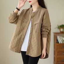 实拍高级感针织打底拼接菱格宽松休闲衬衫棉衣外套秋冬新款女