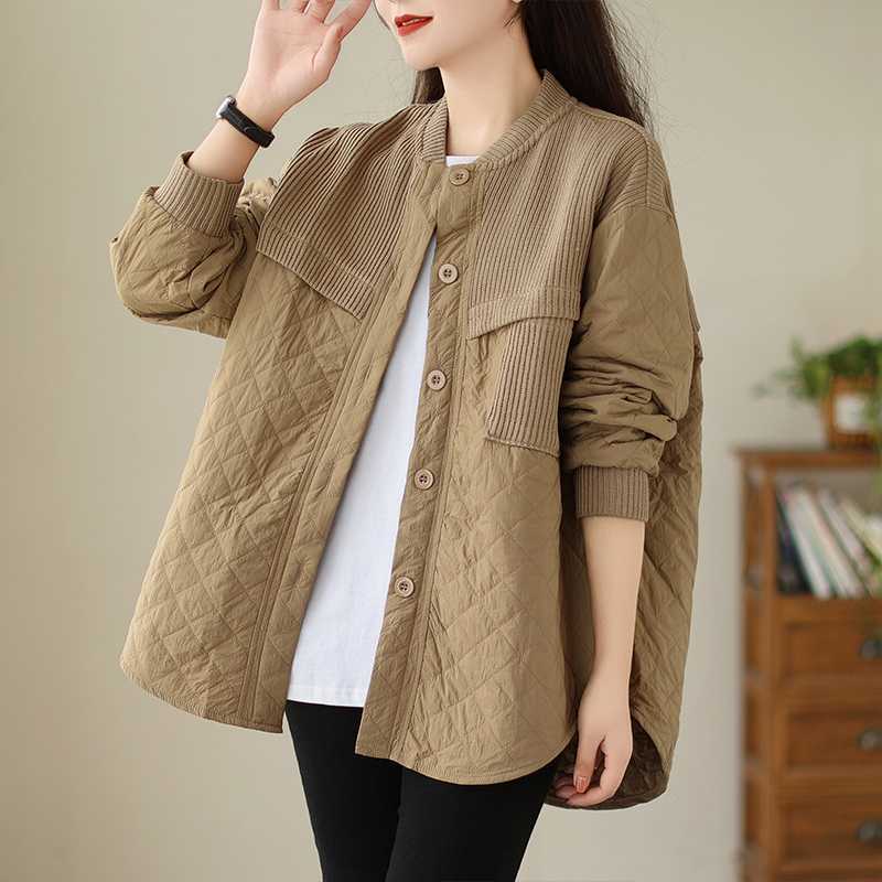 实拍高级感针织打底拼接菱格宽松休闲衬衫棉衣外套秋冬新款女