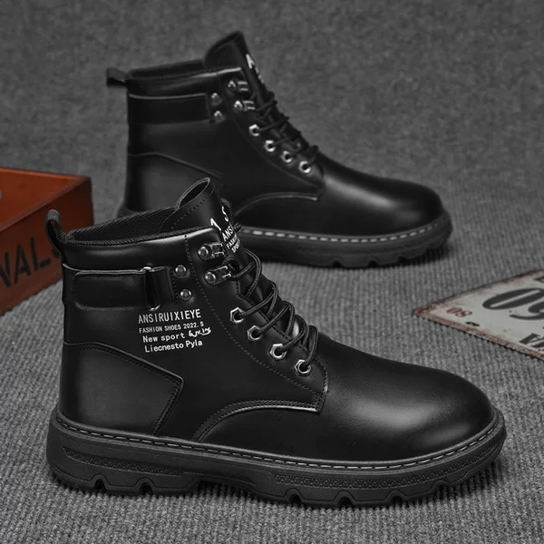 Autumn Men's High-Top Martin Boots, Versatile Thick-Soled Work Shoes, Casual Leather Boots, Black Short Boots, Breathable and Non-Slip