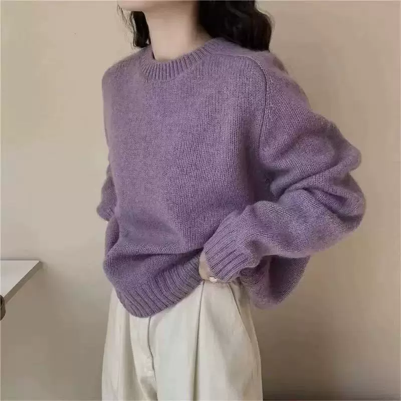 韩系慵懒温柔风紫色圆领毛衣女秋冬2025年新款软糯百搭针织衫上衣