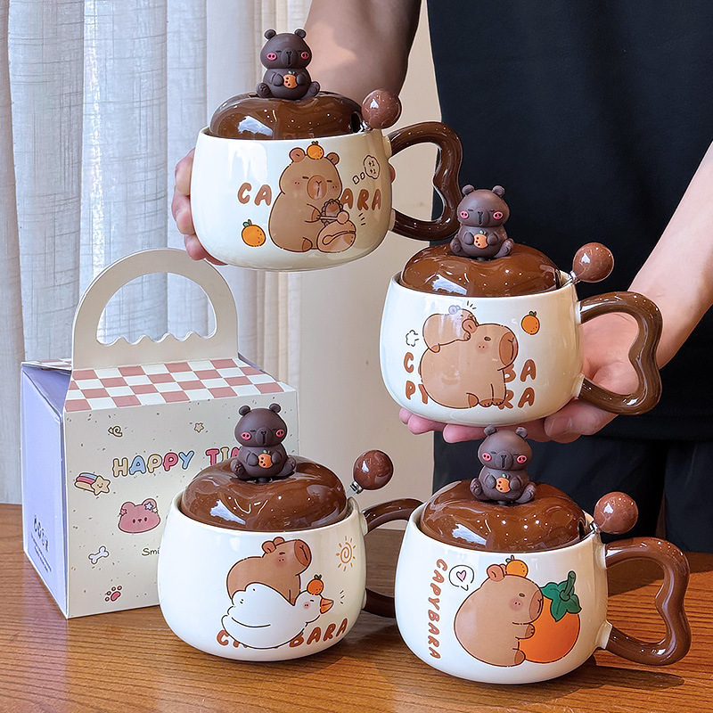 カピバラマグ 蓋とスプーン付き コーヒーカップ ハイエンドの絶妙なセラミックウォーターカップ 誕生日 卒業ギフト|undefined