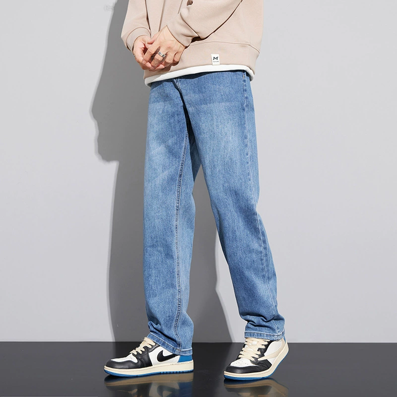 Elite demi-season loose straight jeans, blue casual trousers for leisure, loose fit, autumn
