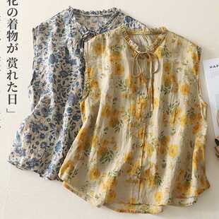 2025 New Summer Style Versatile Artistic Style Printed Collar Lace-Up Buttoned Sleeveless Cotton and Linen Shirt