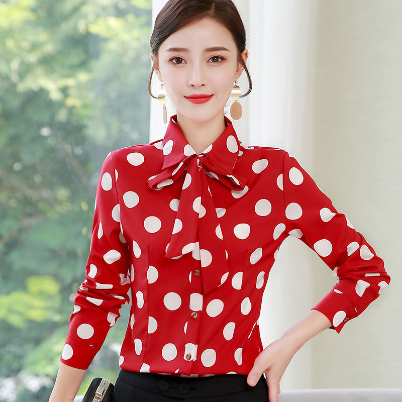 金韩韩版春夏新款红色圆点印花长袖七分袖喇叭袖柔美百搭雪纺包邮