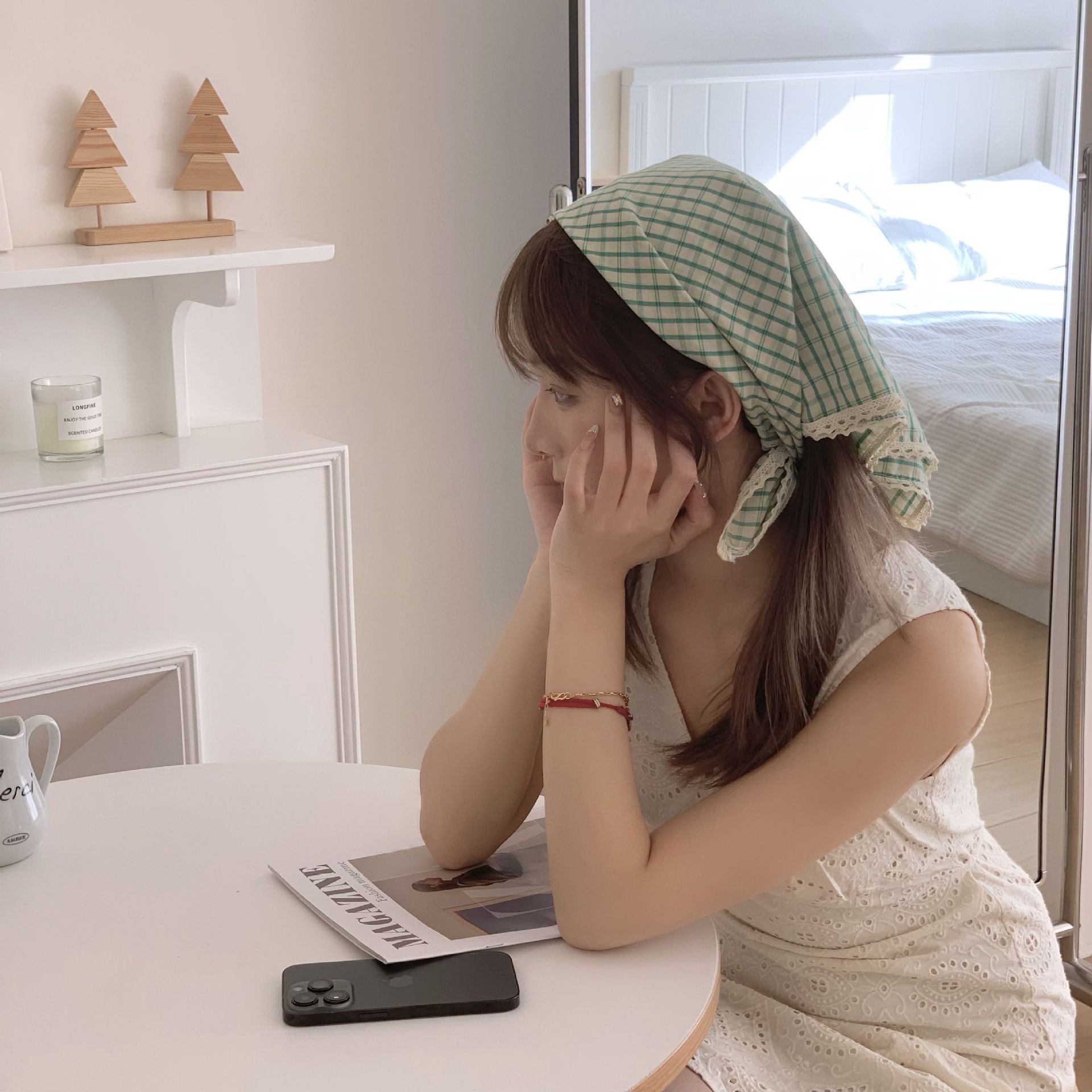 Pañuelo a cuadros, niña de verano, pastoral, nuevo estilo, bufanda de seda de lino y algodón fresco, bufanda cuadrada pequeña con cuello, bufanda decorativa para el cabello, bufanda al por mayor