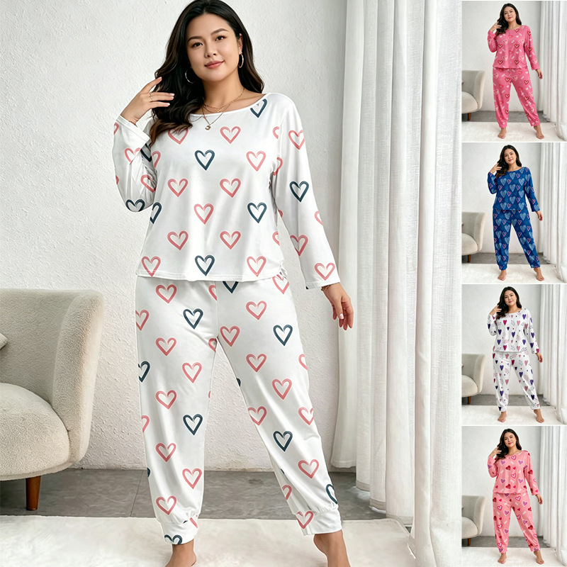 European and American cross-border autumn heart-patterned imitation cotton stretchy women's plus-size loungewear set with long pants and long sleeves, suitable for wearing outside as pajamas
