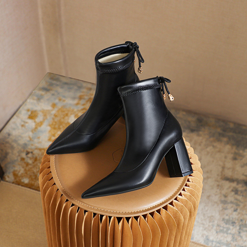 xyp-cd秋冬皮面弹力短靴尖头粗跟百搭显瘦高跟鞋大小码