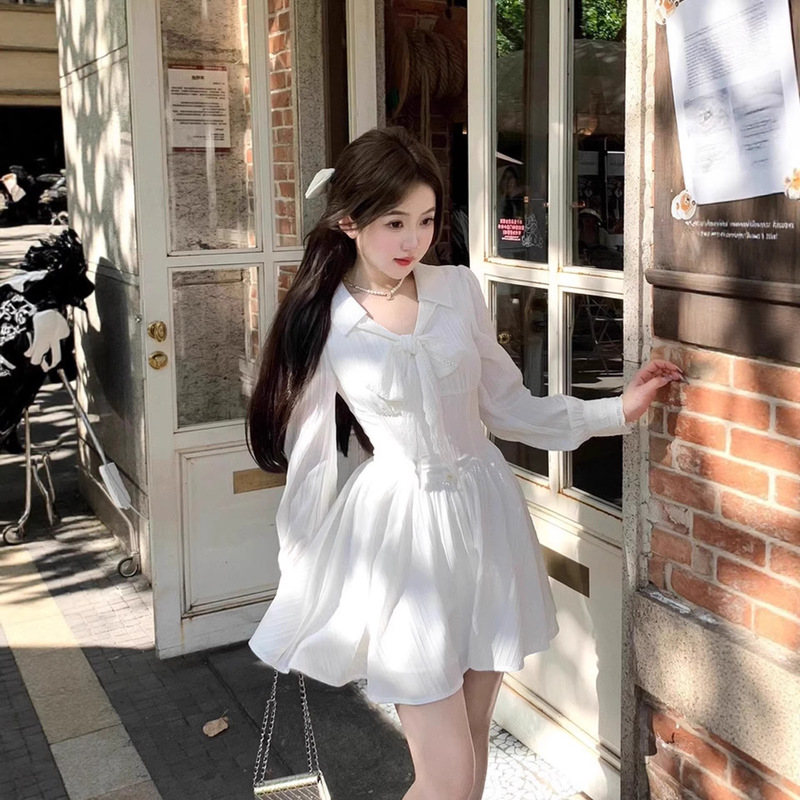 Double-Layered White Dress with Lace Long-Sleeve Shirt Dress, French-Style Stunning Short Dress for Spring/Summer 2026
