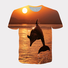 外貿夏款 海洋可愛海豚 3D數碼印花圓領短袖圖案男士運動 T恤上衣