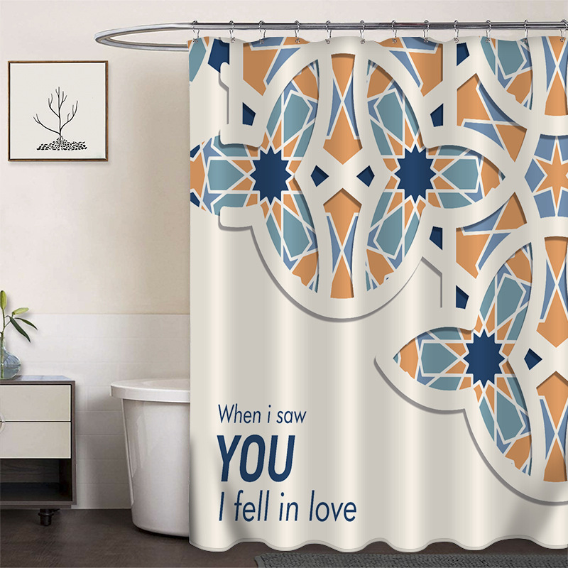 Cortina de ducha de poliéster impresa con hebilla de cortina de ducha de plástico baño cuarto de baño cortina de partición impermeable a prueba de moho