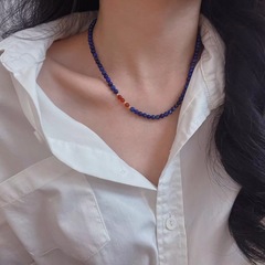 新しい中国風のレトロな天然ラピスラズリのネックレス女性用ブルーレトロ鎖骨チェーンハイエンド中国風ビーズデザインなし