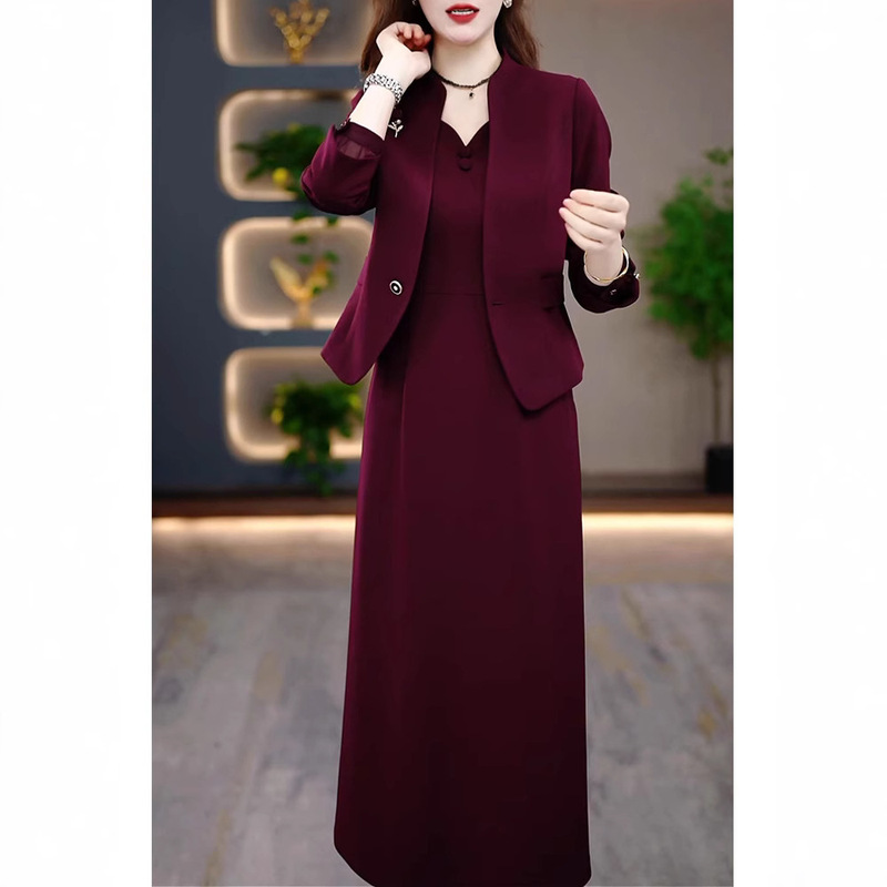 2025 Spring and Autumn New Mom Wedding Banquet Dress Suit Skirt Light Luxury High-End Long Sleeve Two-Piece Dress for Women