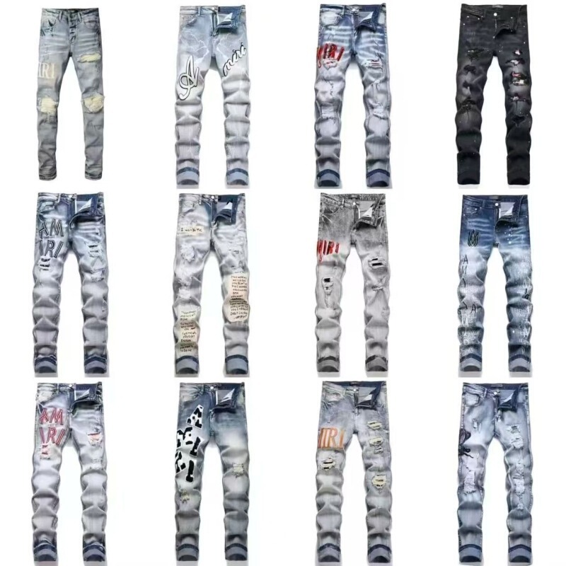 Overseas Cross-Border Temu Popular 2025 Ripped Black Jeans for Men in Stock Korean Style Basic Straight Type Hand-Painted