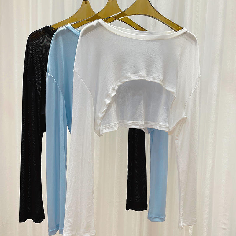 Ice Silk blouse women's summer suspender skirt inner base thin sun protection long sleeve ultra short outer wear hot girl mesh top
