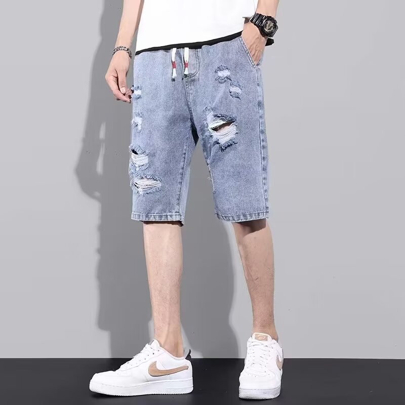 Pantalones cortos de mezclilla rotos para hombres pantalones rectos sueltos delgados de verano de cinco puntos marca de moda pantalones casuales ins 2024 nuevo estilo