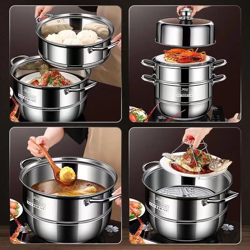 Steamer with Timer, Food-Grade 304 Stainless Steel, Multi-Purpose Three-Layer Thickened Steamer, Large Capacity Home Use Soup Steamer