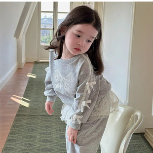 Korean Children's Clothing 2025 Autumn New Style Girls and Children Korean Cartoon Bow Sweatshirt Lace Skirt Sweatpants Suit