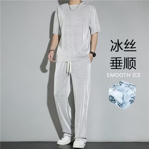 Ice Silk High-end Sports suit Men's Summer Home Casual Long Pants Short-sleeved T-shirt Quick-drying Clothes Set
