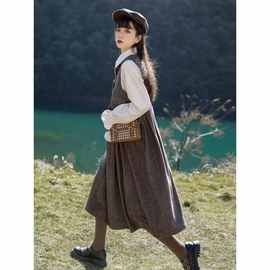 学院风羊毛背心裙字中长款毛呢连衣裙复古背带裙女秋冬裙子