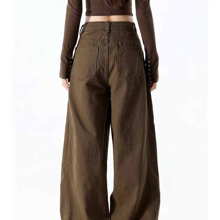 Versatile American Retro Silhouette Scimitar Brown Jeans for Men and Women Cleanfit Deconstructed Wide-Leg Banana Pants