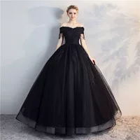 Demi-season black evening dress, long skirt, open shoulders, tutu skirt