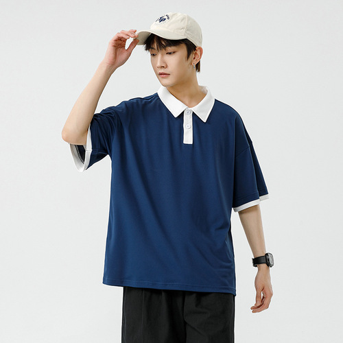 Men's Summer Live-Stream New University Student Trend Loose Fit Streetwear Brand Hong Kong Style Double Pearl Short-Sleeve T-Shirt with Collar POLO Shirt