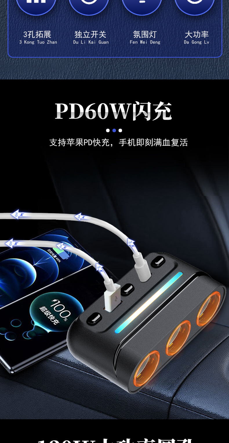 120W High-Power Car Charger with One-To-Three Expansion Port Adapter, High-Power Car Cigarette Lighter