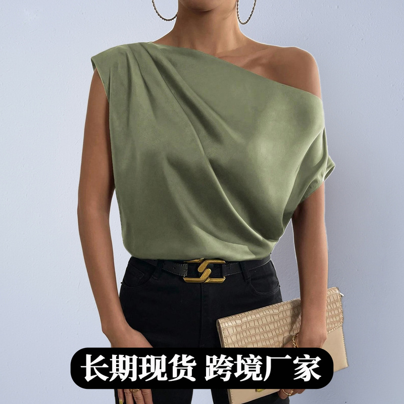 Foreign Trade Amazon Women's Clothing Japanese Satin Shirt Autumn Solid Color Irregular One-Shoulder Off-Shoulder Pullover Sleeveless Blouse