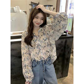 依号家 法式别致宽松碎花衬衫上衣女夏季新款韩版衬衣长袖雪纺衫