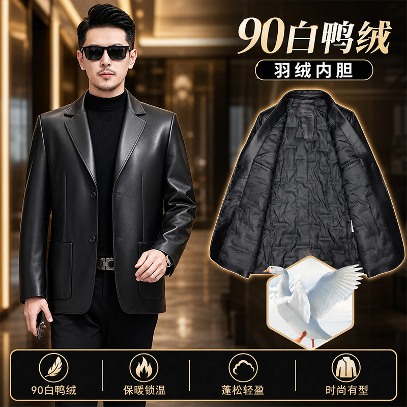 Haining genuine leather sheepskin men's short coat with business suit collar and down lining, winter jacket for men