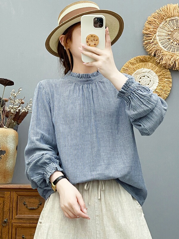 Double-layer cotton gauze pullover striped shirt for women, long-sleeved, vintage artistic style, lace collar, soft and skin-friendly, pure cotton top