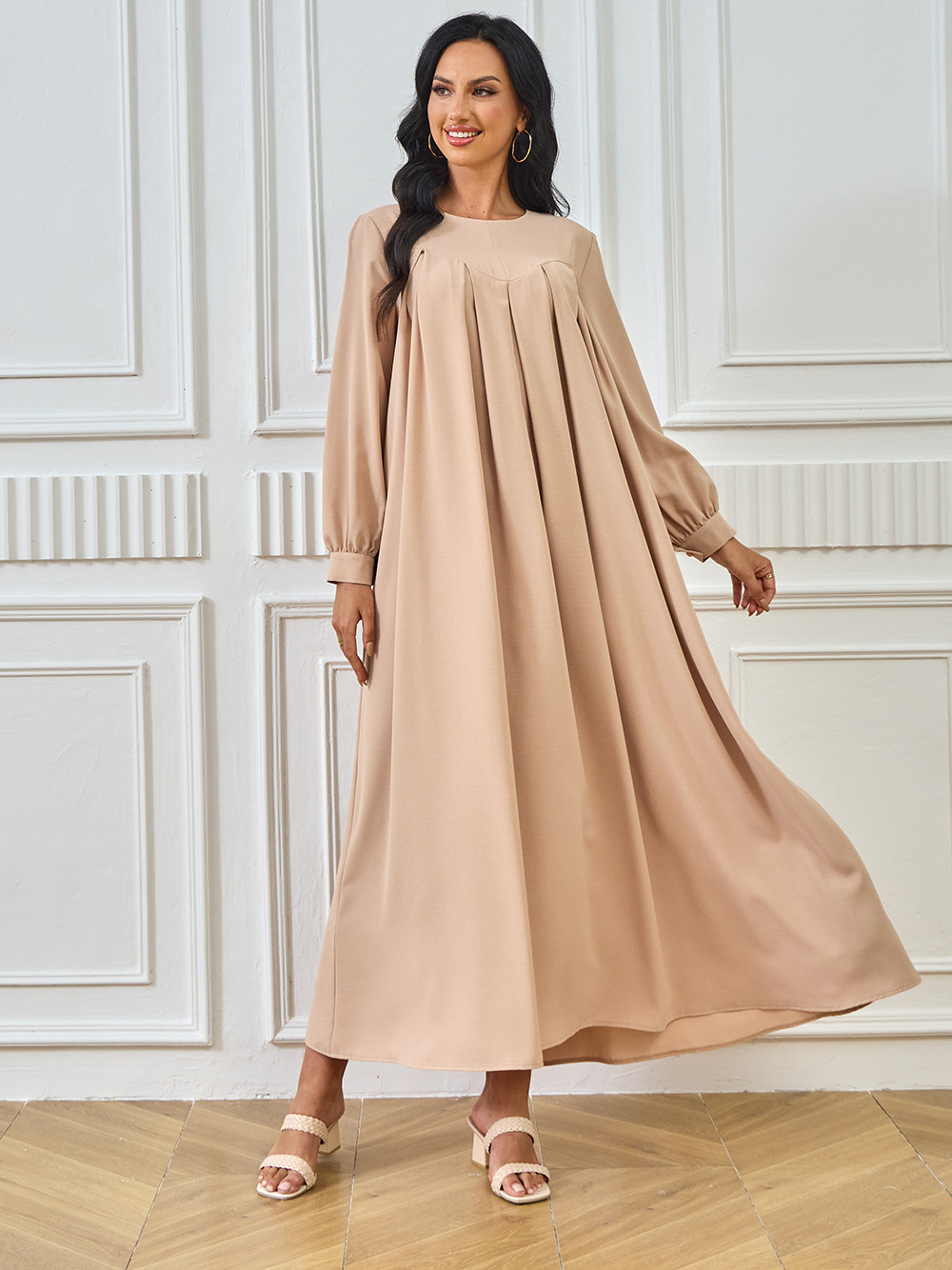 New Abaya Arab Cross-border Middle Eastern Muslim Robe Long-sleeved Solid Color Large Hem Dress Long Skirt Women's_ecoleips.com
