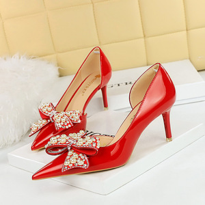 638-AH6 European and American Banquet Women's Shoes High Heel Thin Heel Shallow Mouth Pointed Pearl Rhinestone Bow 