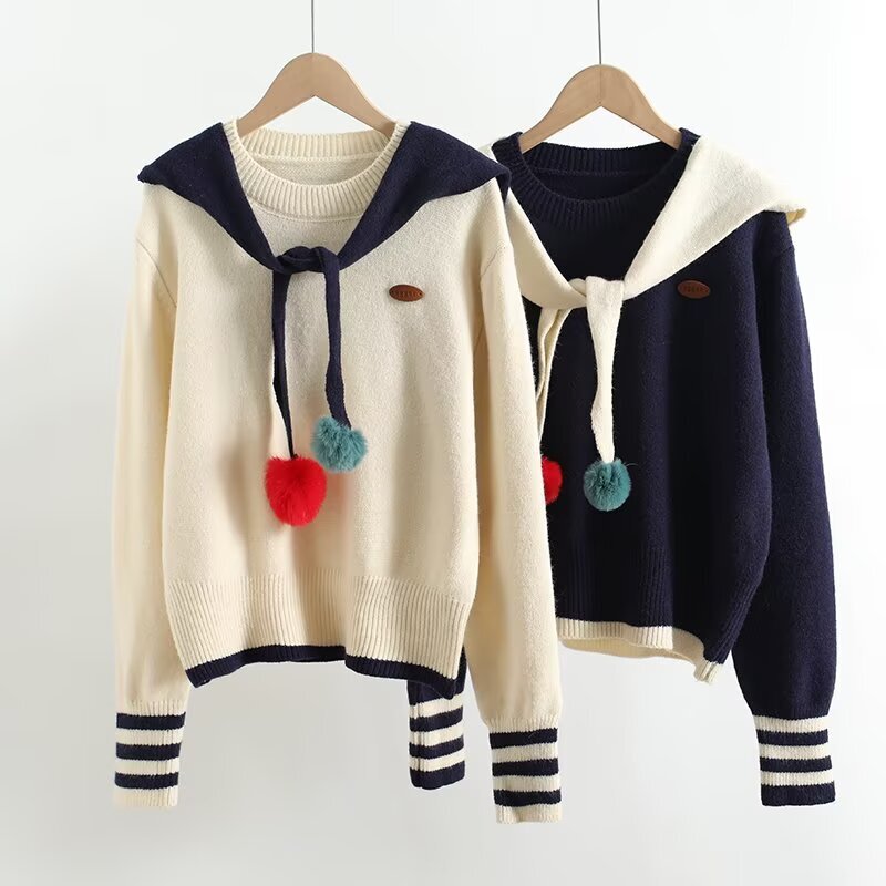 2025 New Autumn and Winter Japanese Style Navy Collar Label Women's Warm Pullover Sweater Wholesale Trend