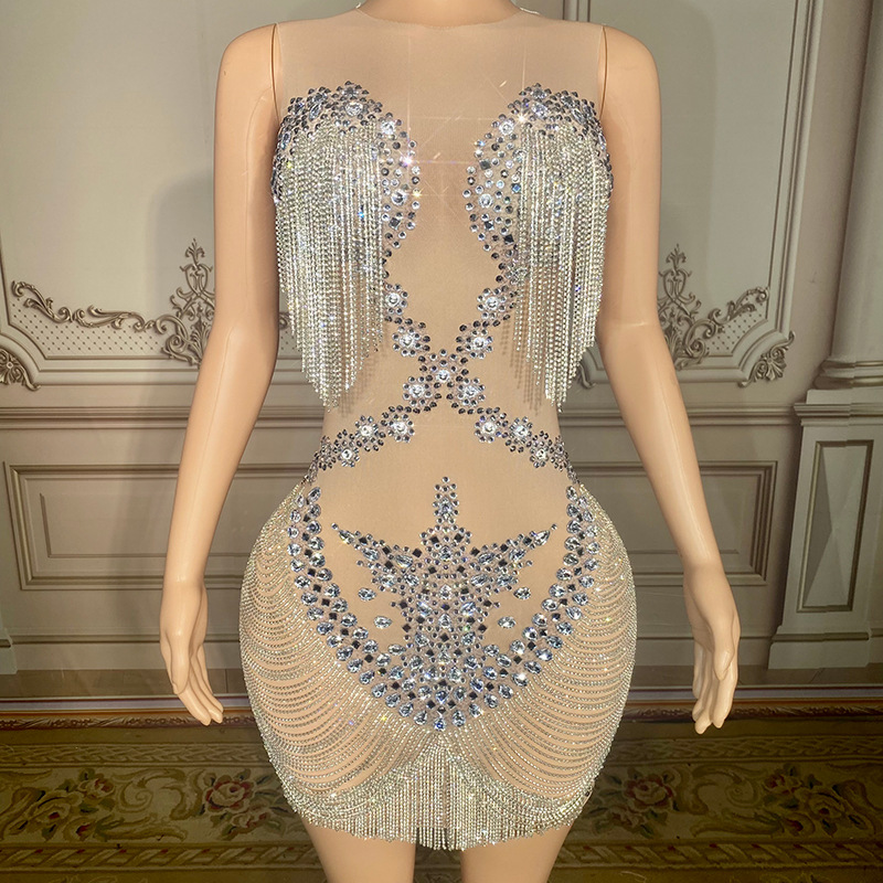 NOVANCE New Style Women Diamond Tassel Flesh Star Mesh Shiny Crystal Sexy Prom Gown