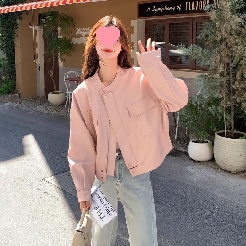 Pink Leather Jacket Women's Spring and Autumn New Style Small Short Loose Motorcycle Leather Jacket Top