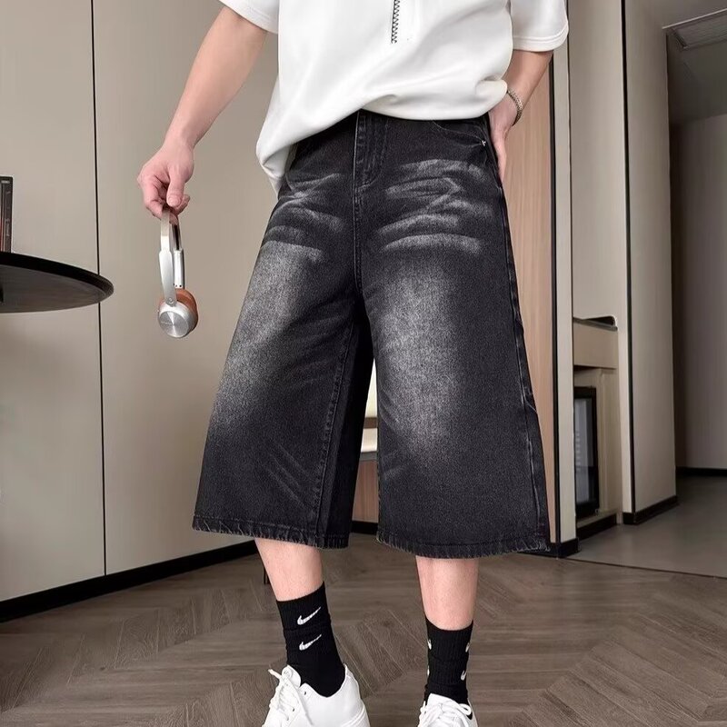 American Retro Short Washed Whiskered Wide-Leg Cropped Jeans for Men and Women, Summer Loose Hip-Hop Couple's Loose Pants American Retro Short Washed Whiskered Wide-Leg Cropped Jeans for Men and Women, Summer Loose Hip-Hop Couple's Loose Pants