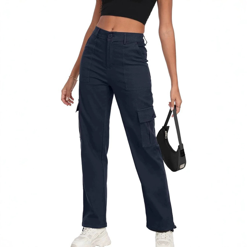 AliExpress European and American multi-pocket high-waisted semi-elastic waist women's cargo pants, popular straight drawstring long casual pants AliExpress European and American multi-pocket high-waisted semi-elastic waist women's cargo pants, popular straight drawstring long casual pants