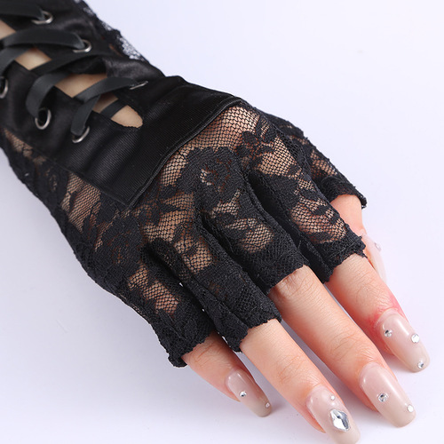 European and American sexy lace strap gloves, long temptation ribbon rivets, half-finger ceremonial ball gloves, nightclub cool